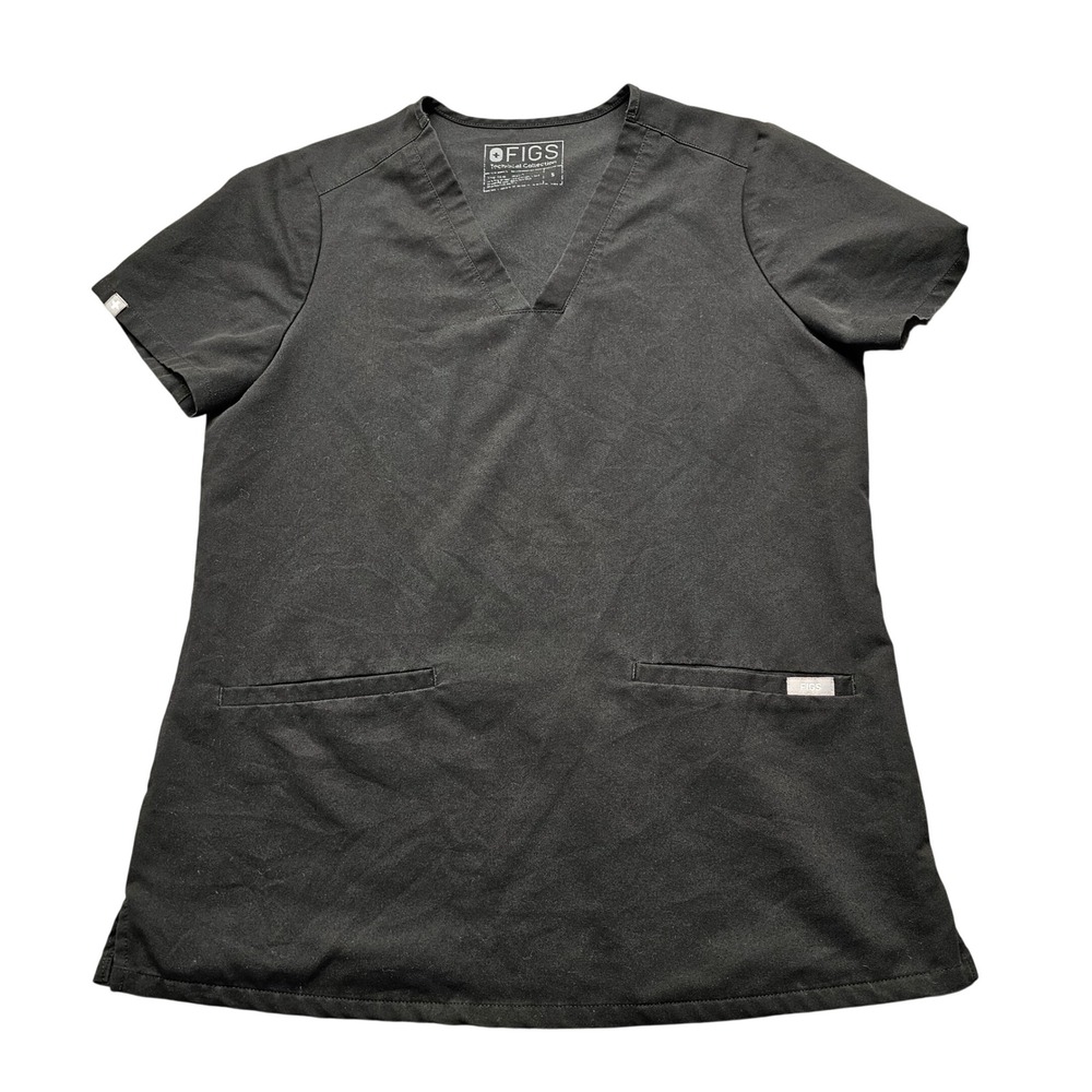 FIGS Technical Collection Black V-Neck Scrub Top Womens Size Small‎ 2-Pocket